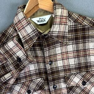 Woolrich Shirt Shacket Mens Medium Brown Plaid Wool Work Pocket Vintage
